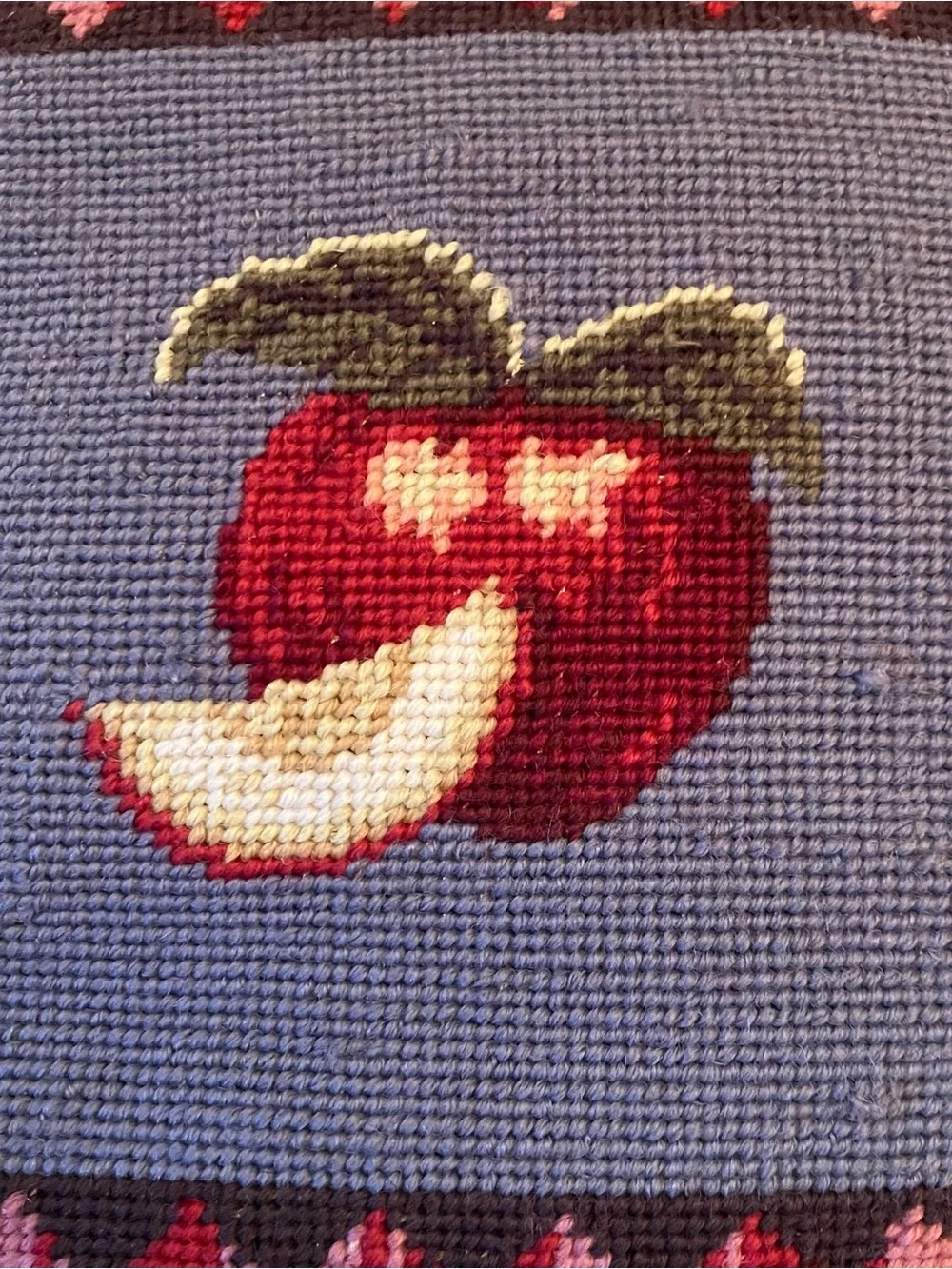 VTG Needlepoint Pillow Wool Apples Plaid Velvet Back 14” Cottage Country Granny